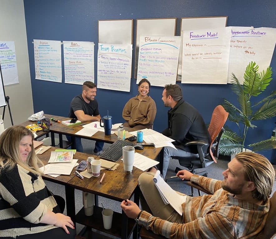 A team seated around a wooden table in a training session, flip charts on team functioning, priorities, communication and feedback on the wall